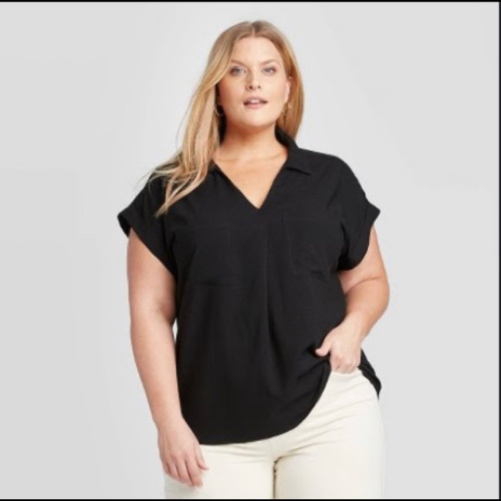 Plus Size Short Sleeve Collared Blouse - Black 3X
